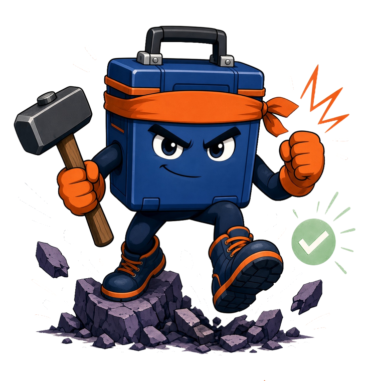 The Tackle mascot — a determined toolbox character with a sledgehammer, smashing through rubble